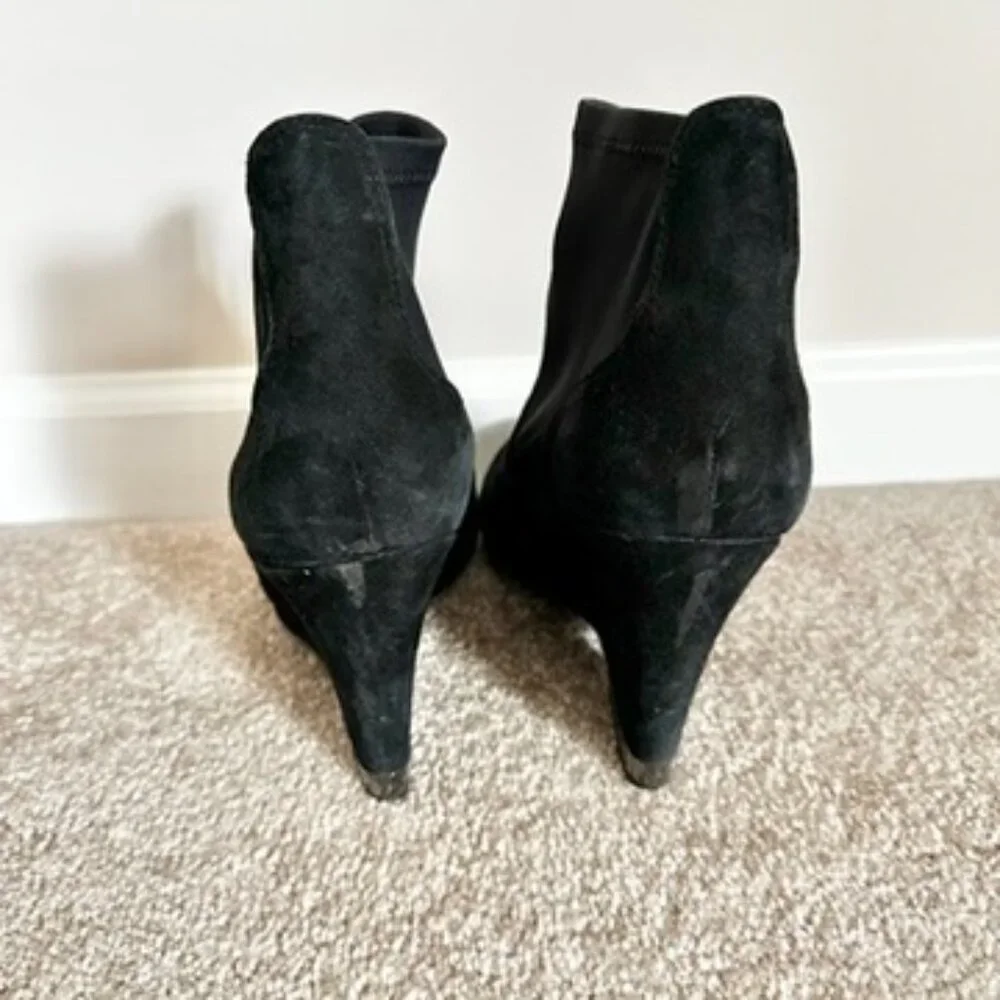 Tory Burch Brenda Suede Stretch Sock Wedge Booties Black Silver 8.5